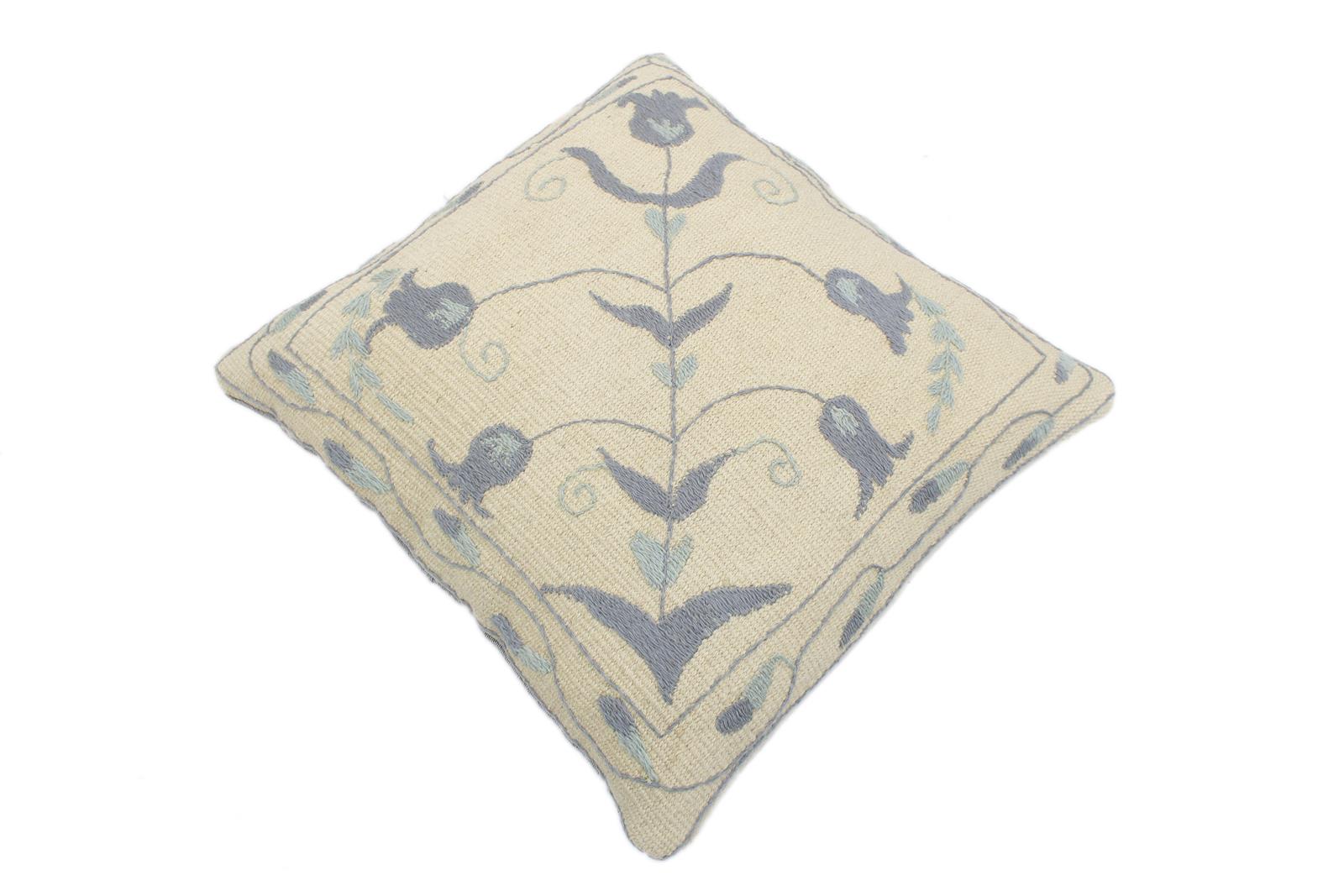 handmade  Pillow Beige Blue Hand-Woven SQUARE 100% Wool Suzani Throw Pillow