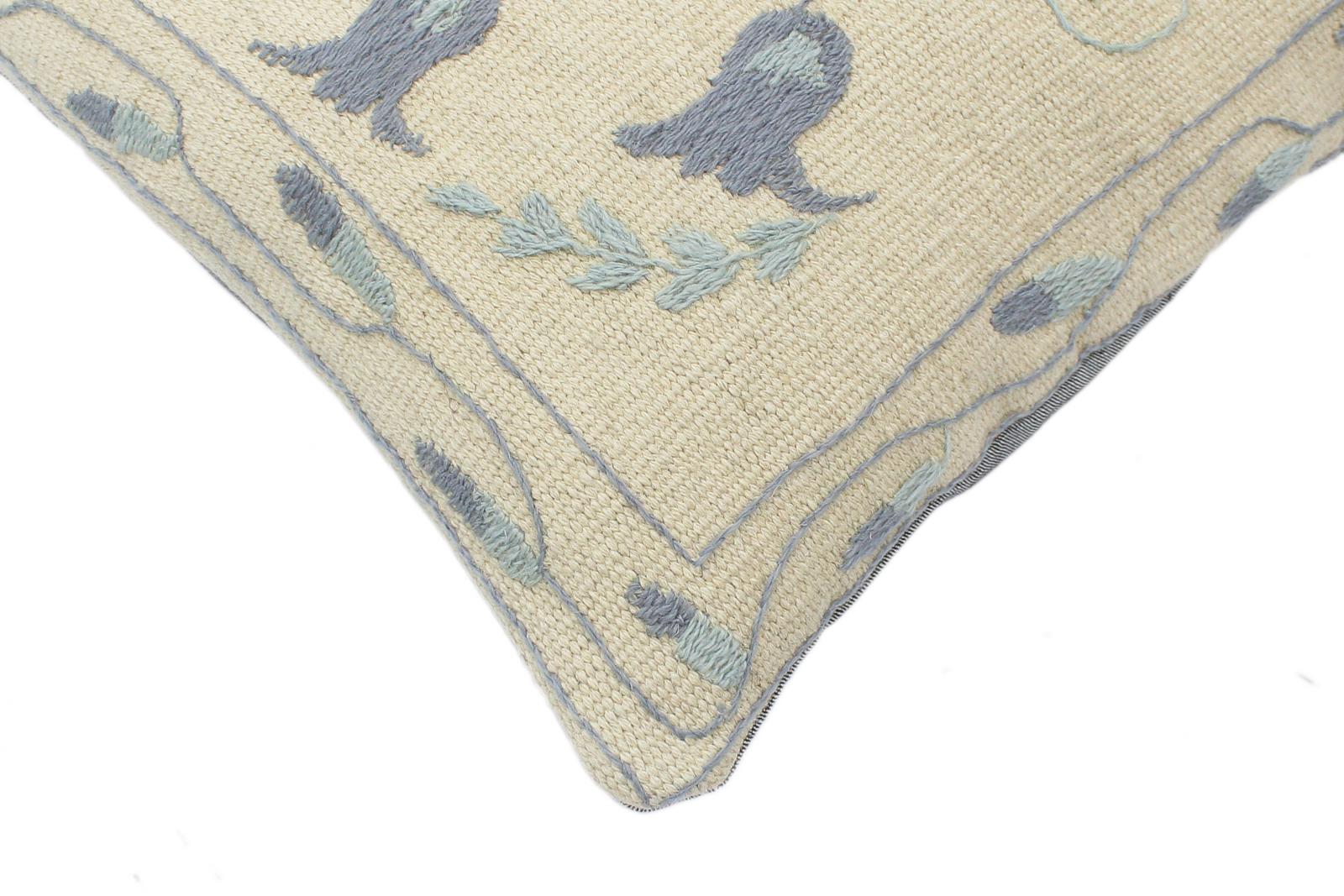 handmade  Pillow Beige Blue Hand-Woven SQUARE 100% Wool Suzani Throw Pillow