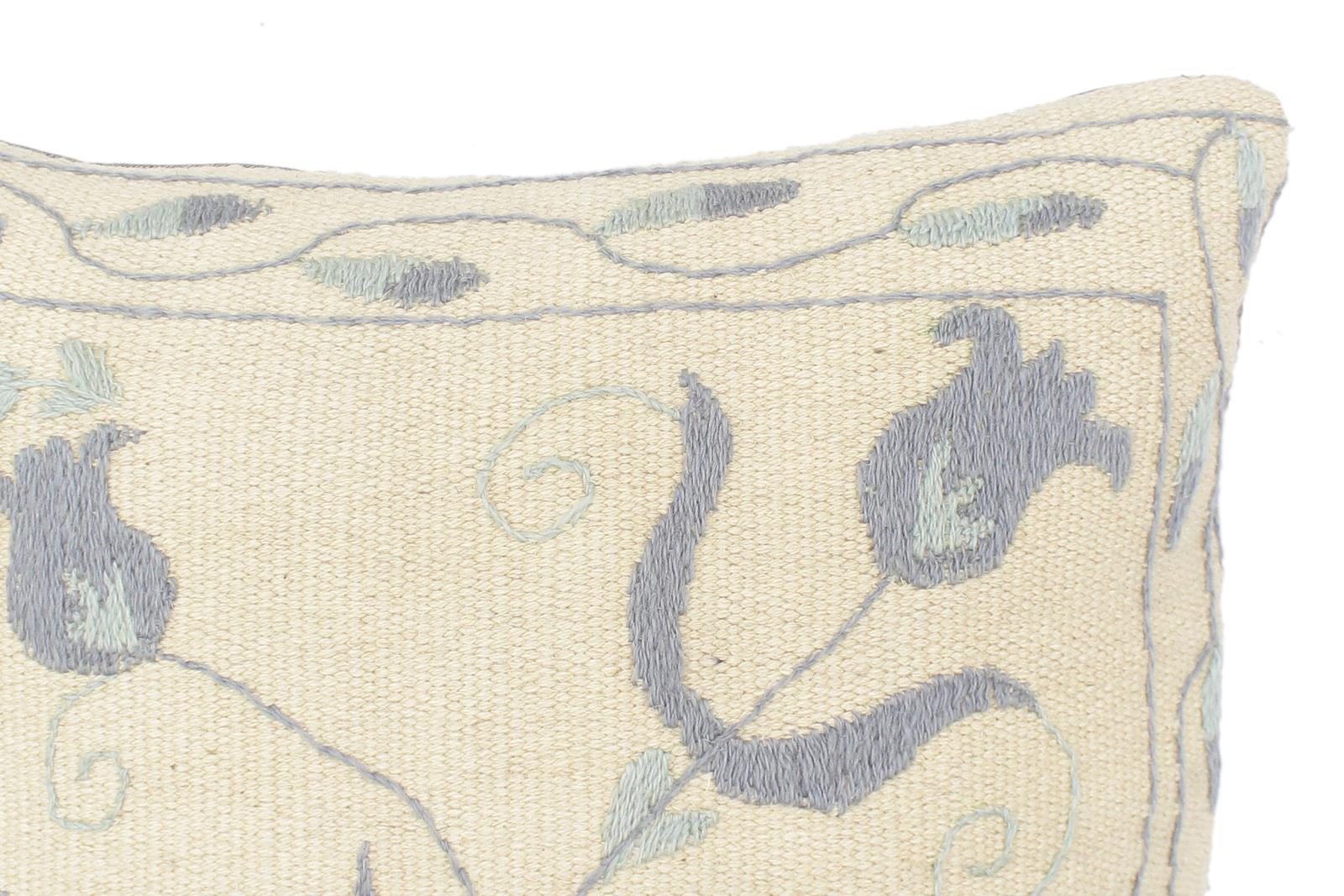 handmade  Pillow Beige Blue Hand-Woven SQUARE 100% Wool Suzani Throw Pillow