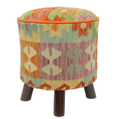 handmade Traditional Ottoman Rust Blue Hand-made ROUND Vegetable dyed wool and wood  17'' x 17'' x 19''