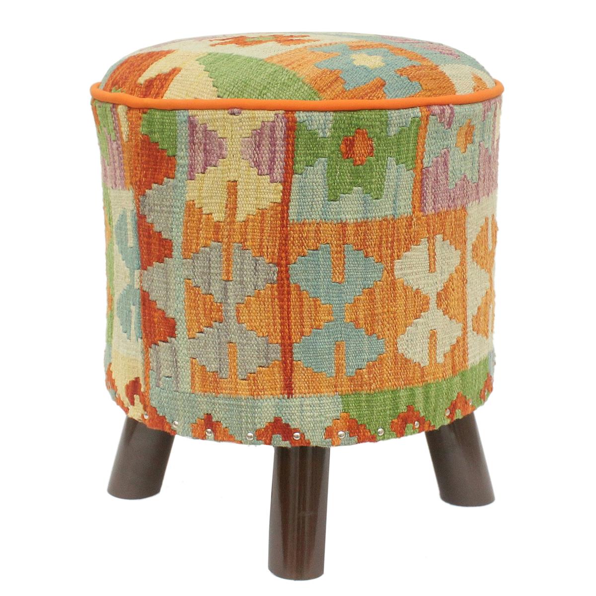 handmade Traditional Ottoman Rust Blue Hand-made ROUND Vegetable dyed wool and wood  17'' x 17'' x 19''