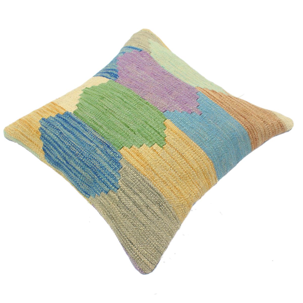 handmade Modern Pillow Blue Beige Hand-Woven SQUARE 100% WOOL  Hand woven turkish pillow  2 x 2