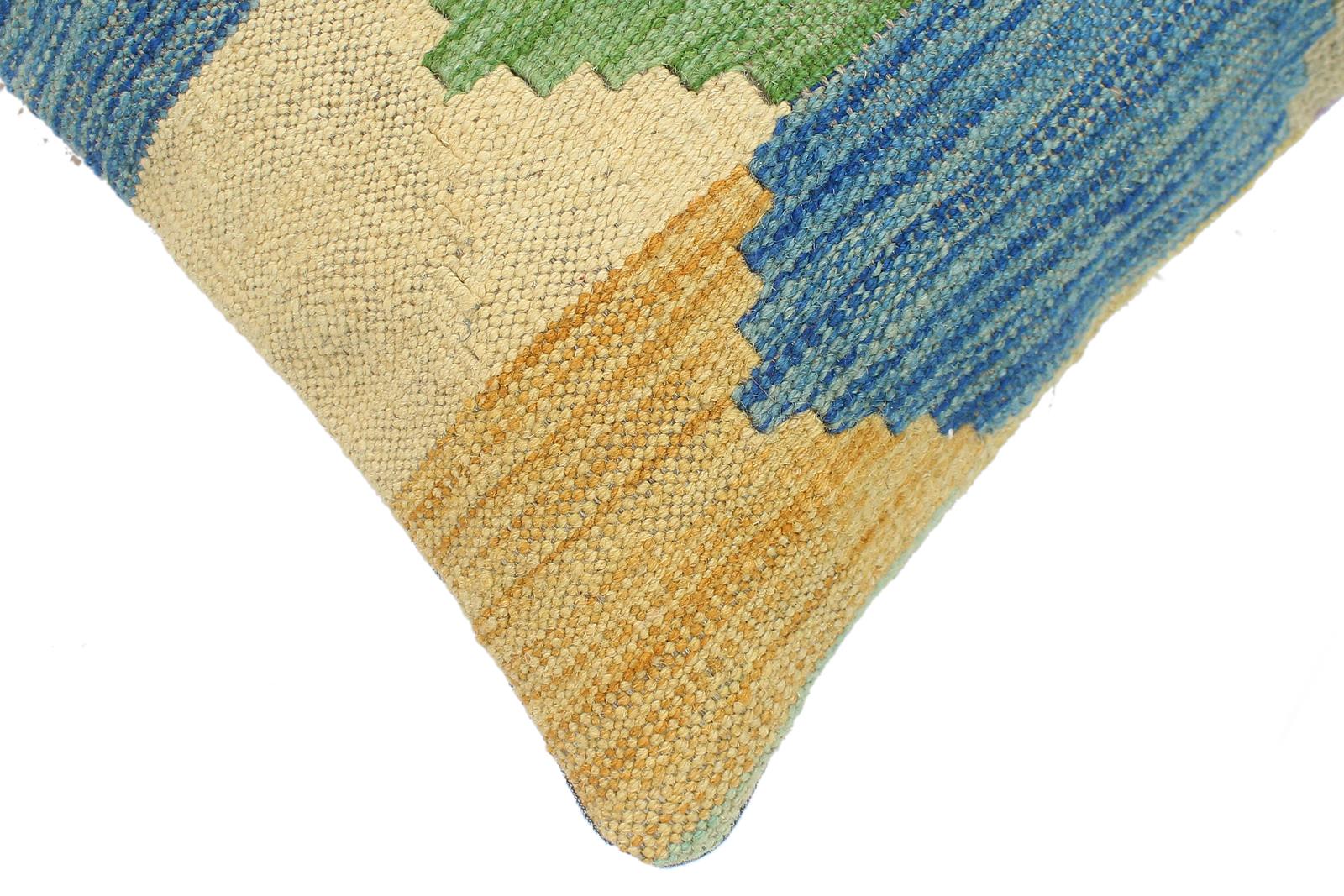 handmade Modern Pillow Blue Beige Hand-Woven SQUARE 100% WOOL  Hand woven turkish pillow  2 x 2