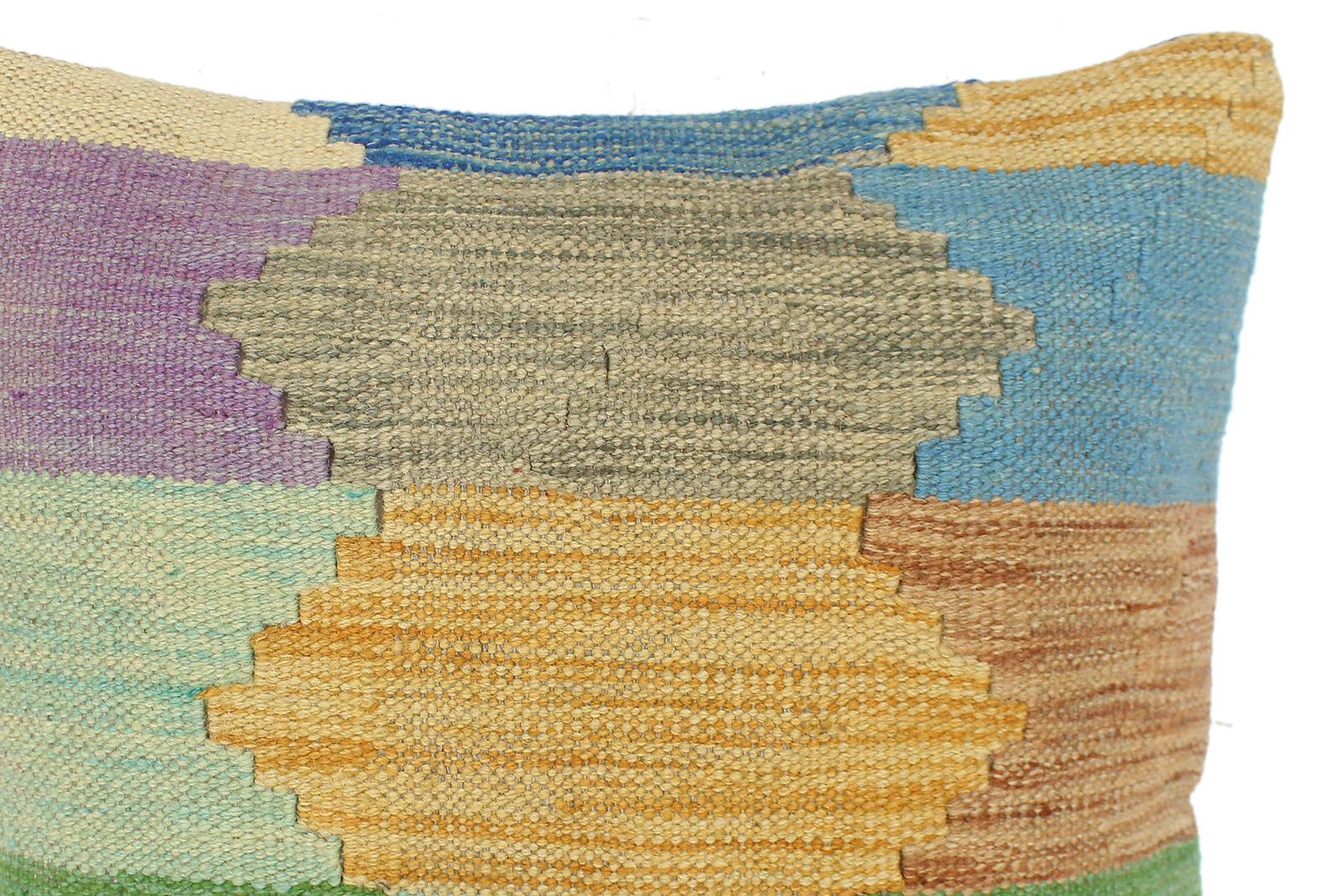 handmade Modern Pillow Blue Beige Hand-Woven SQUARE 100% WOOL  Hand woven turkish pillow  2 x 2