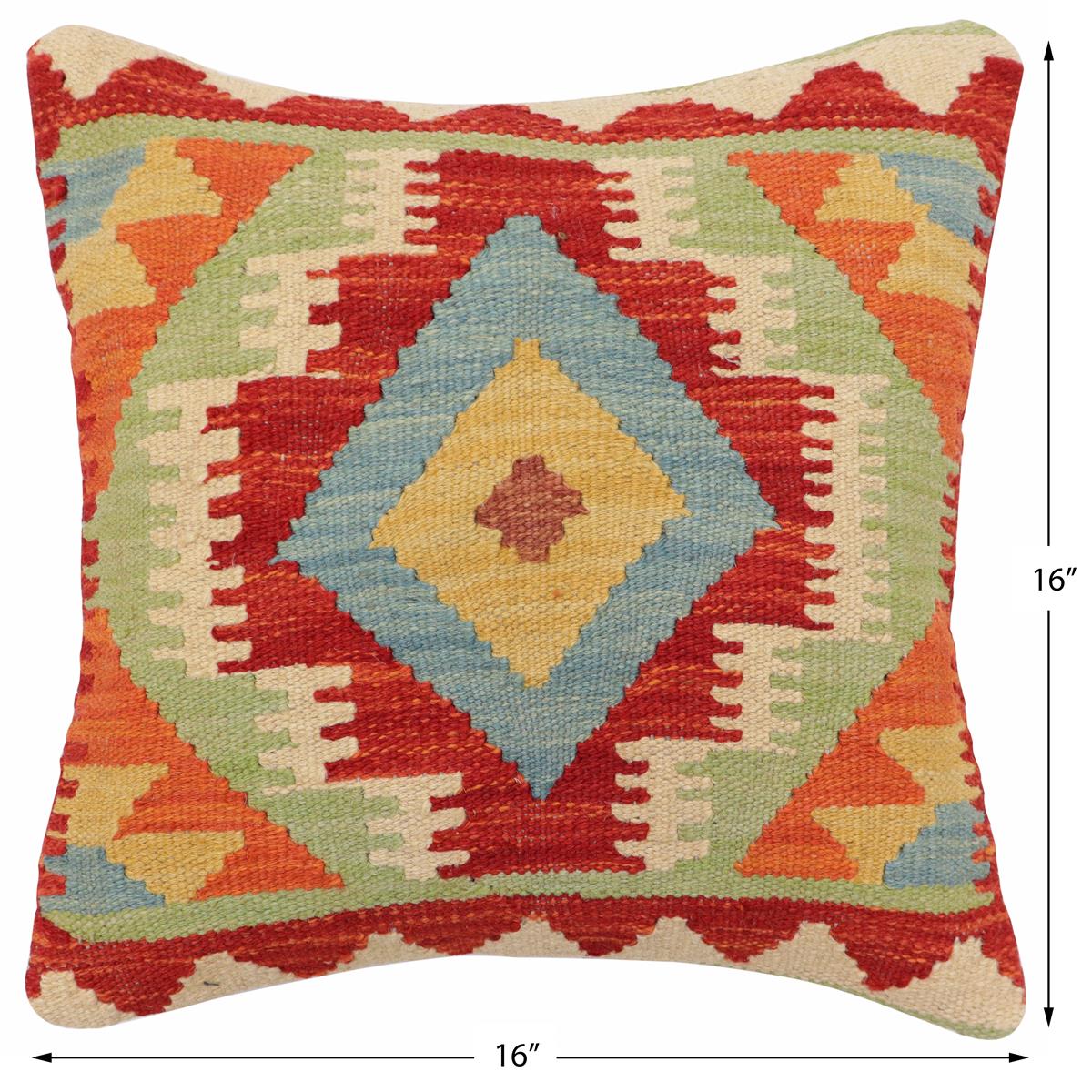 handmade Traditional Pillow Rust Blue Hand-Woven SQUARE 100% WOOL  Hand woven turkish pillow  2 x 2