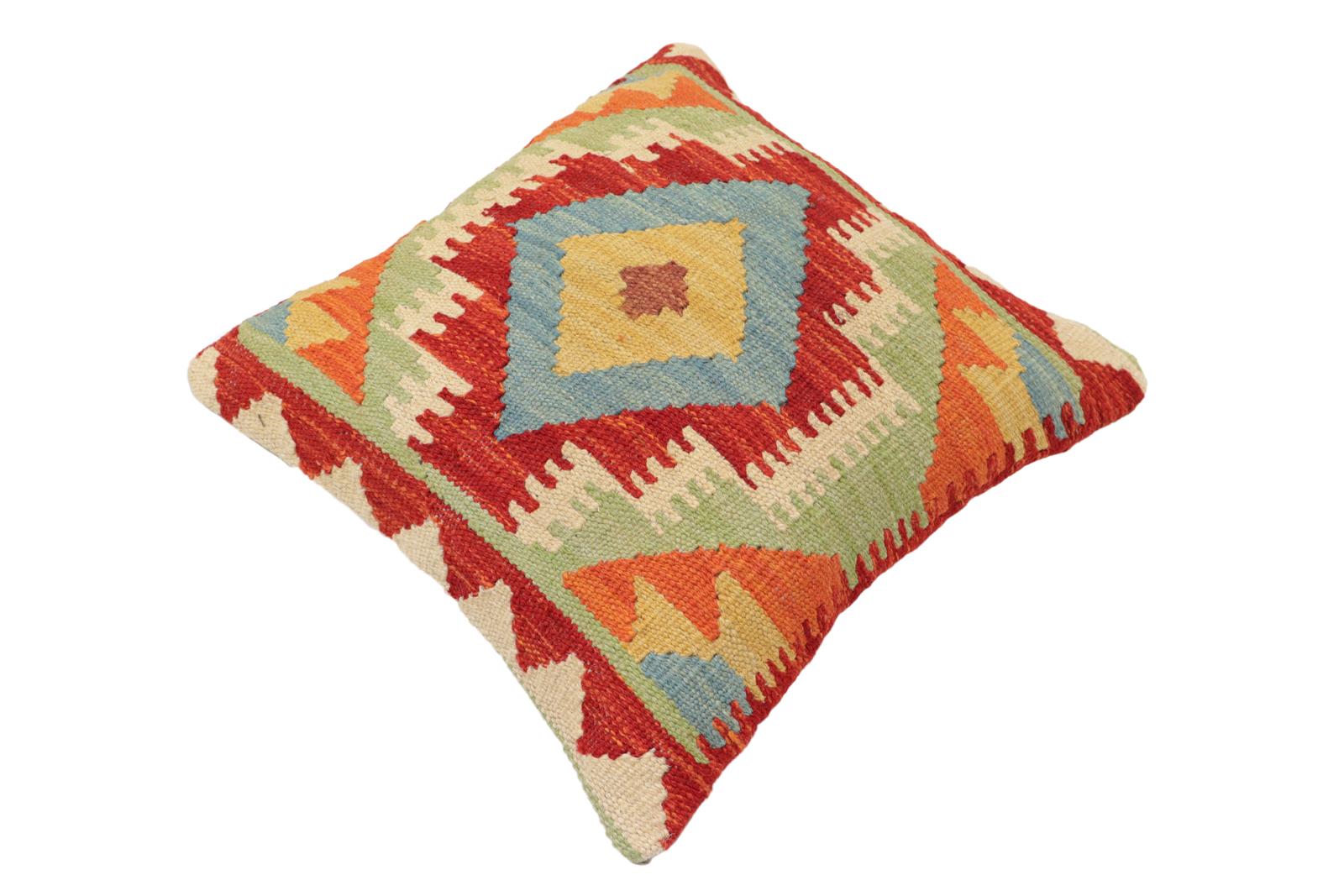 handmade Traditional Pillow Rust Blue Hand-Woven SQUARE 100% WOOL  Hand woven turkish pillow  2 x 2