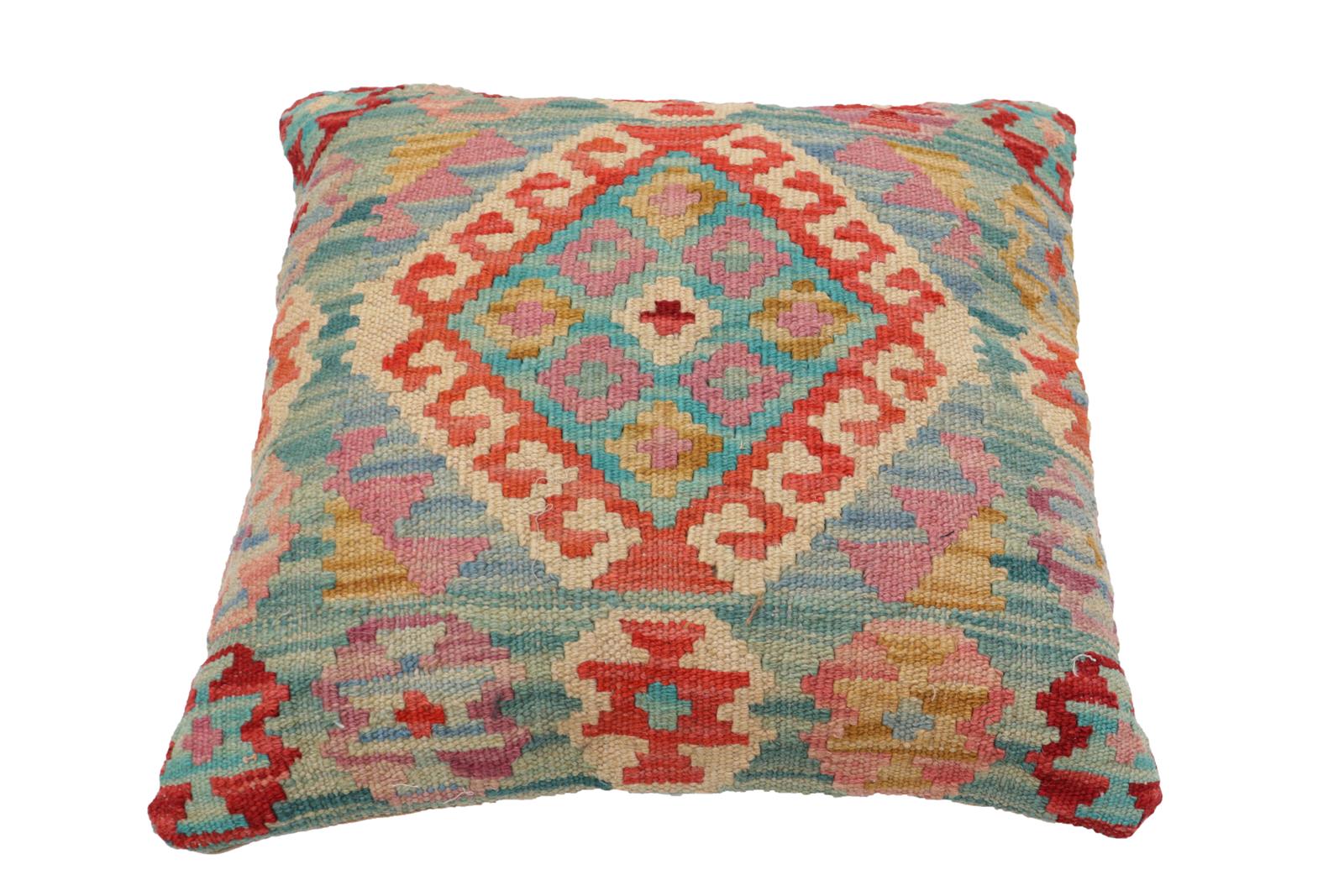 handmade Traditional Pillow Blue Red Hand-Woven SQUARE 100% WOOL  Hand woven turkish pillow  2 x 2