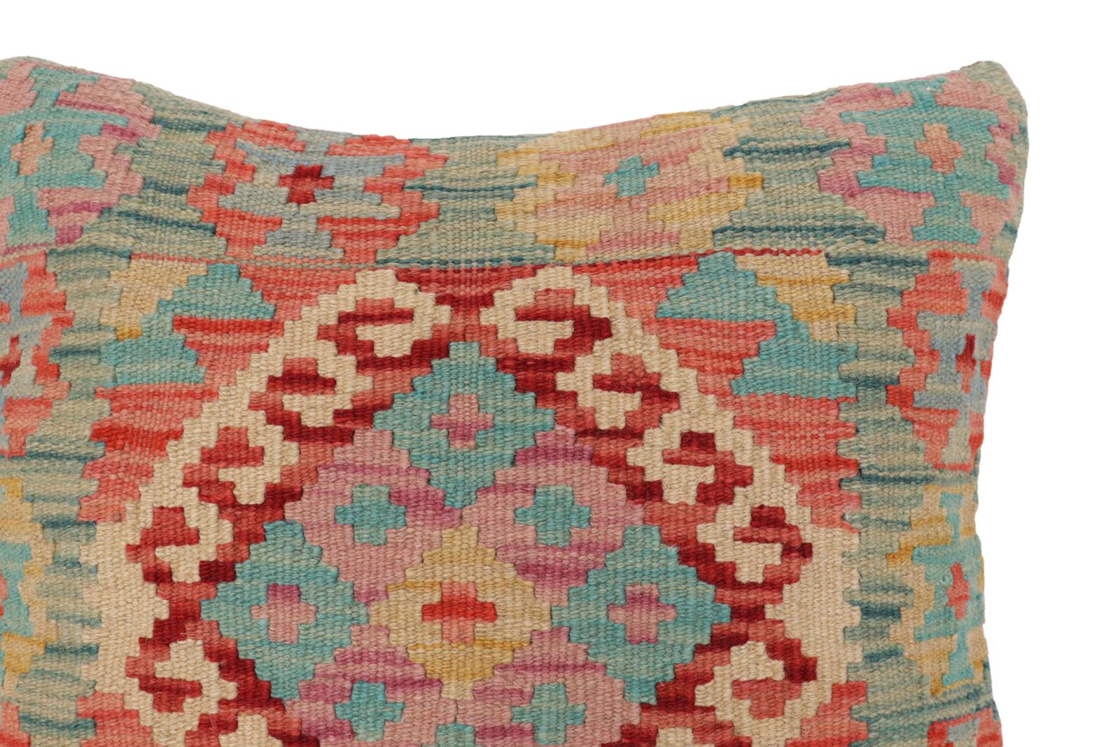 handmade Traditional Pillow Blue Red Hand-Woven SQUARE 100% WOOL  Hand woven turkish pillow  2 x 2