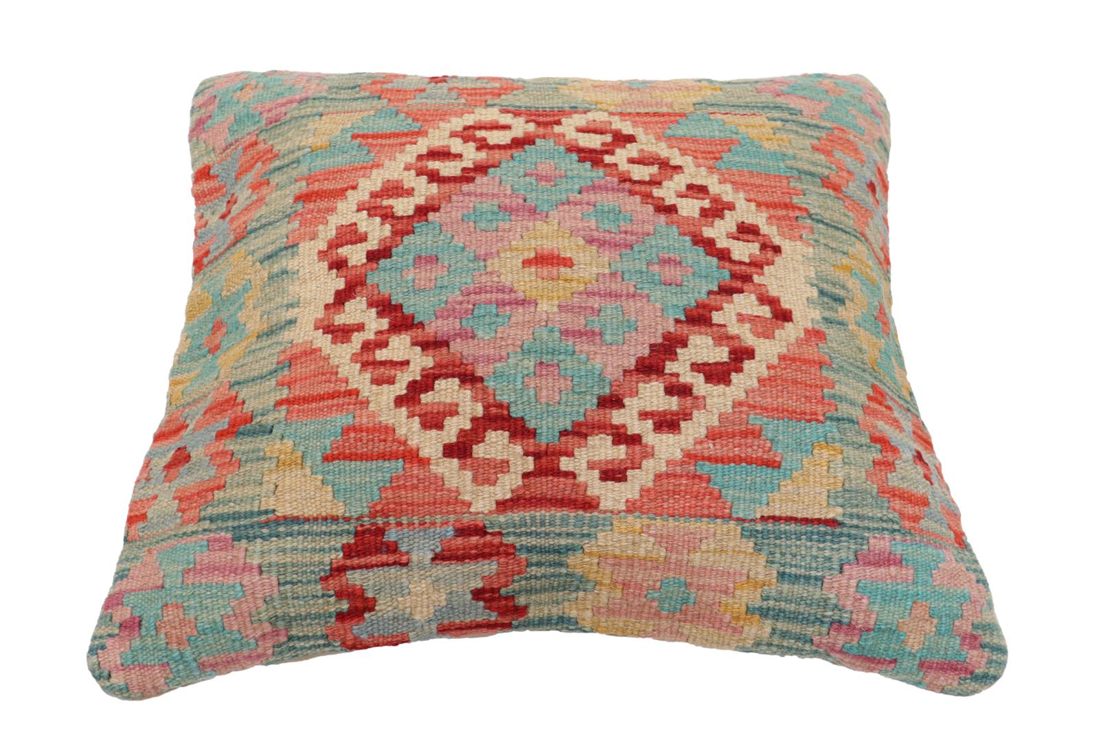 handmade Traditional Pillow Blue Red Hand-Woven SQUARE 100% WOOL  Hand woven turkish pillow  2 x 2