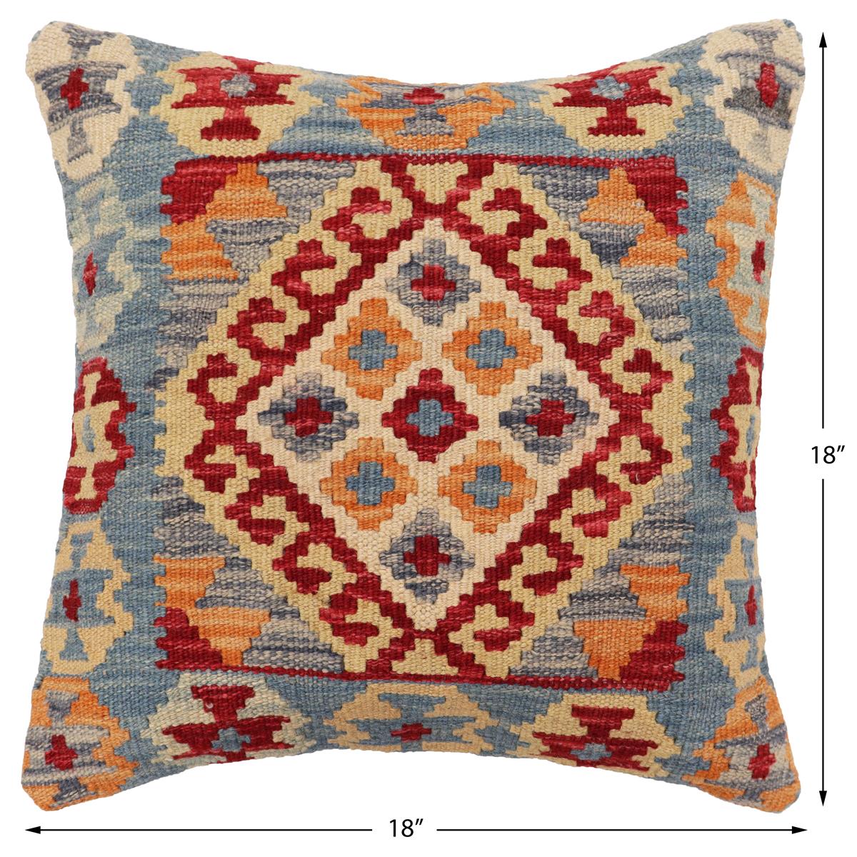 handmade Traditional Pillow Blue Red Hand-Woven SQUARE 100% WOOL Hand woven turkish pillow2' x 2'