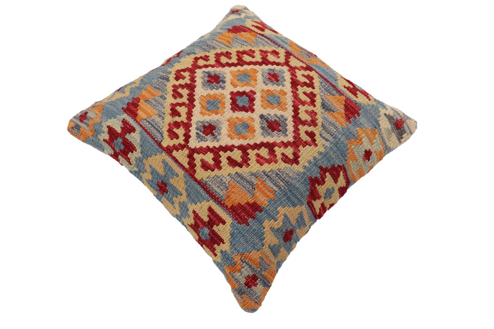 handmade Traditional Pillow Blue Red Hand-Woven SQUARE 100% WOOL Hand woven turkish pillow2' x 2'