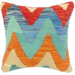 handmade Modern Pillow Rust Blue Hand-Woven SQUARE 100% WOOL  Hand woven turkish pillow  2 x 2