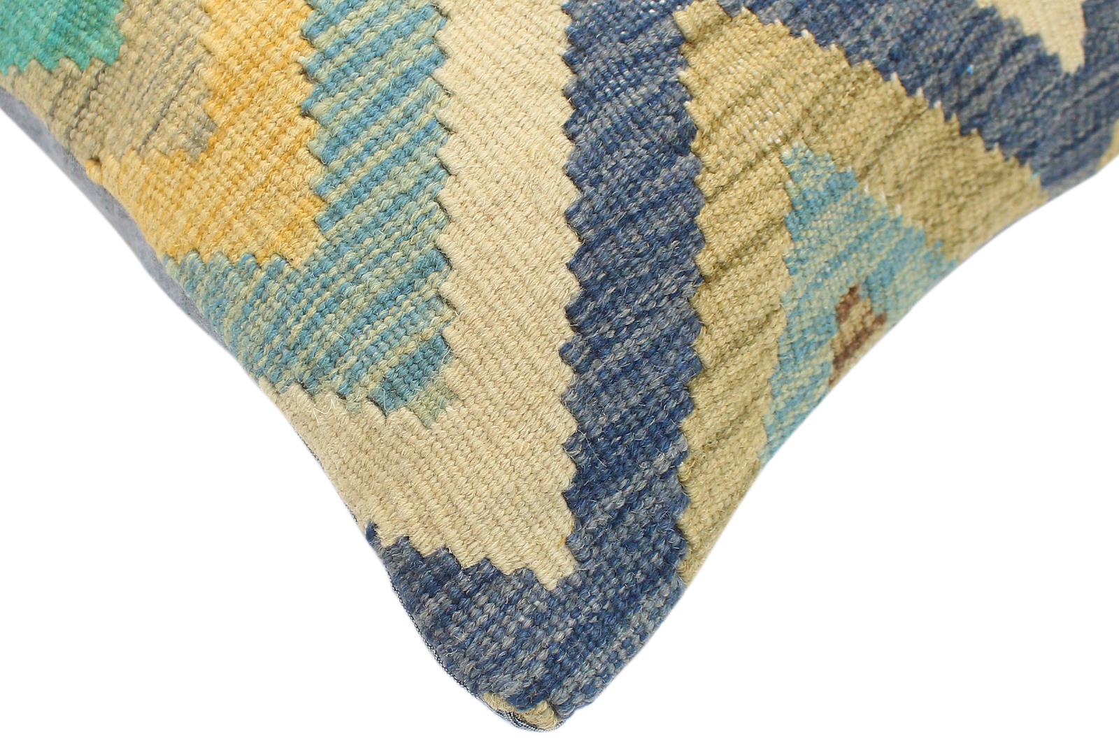 handmade Modern Pillow Blue Beige Hand-Woven SQUARE 100% WOOL  Hand woven turkish pillow  2 x 2