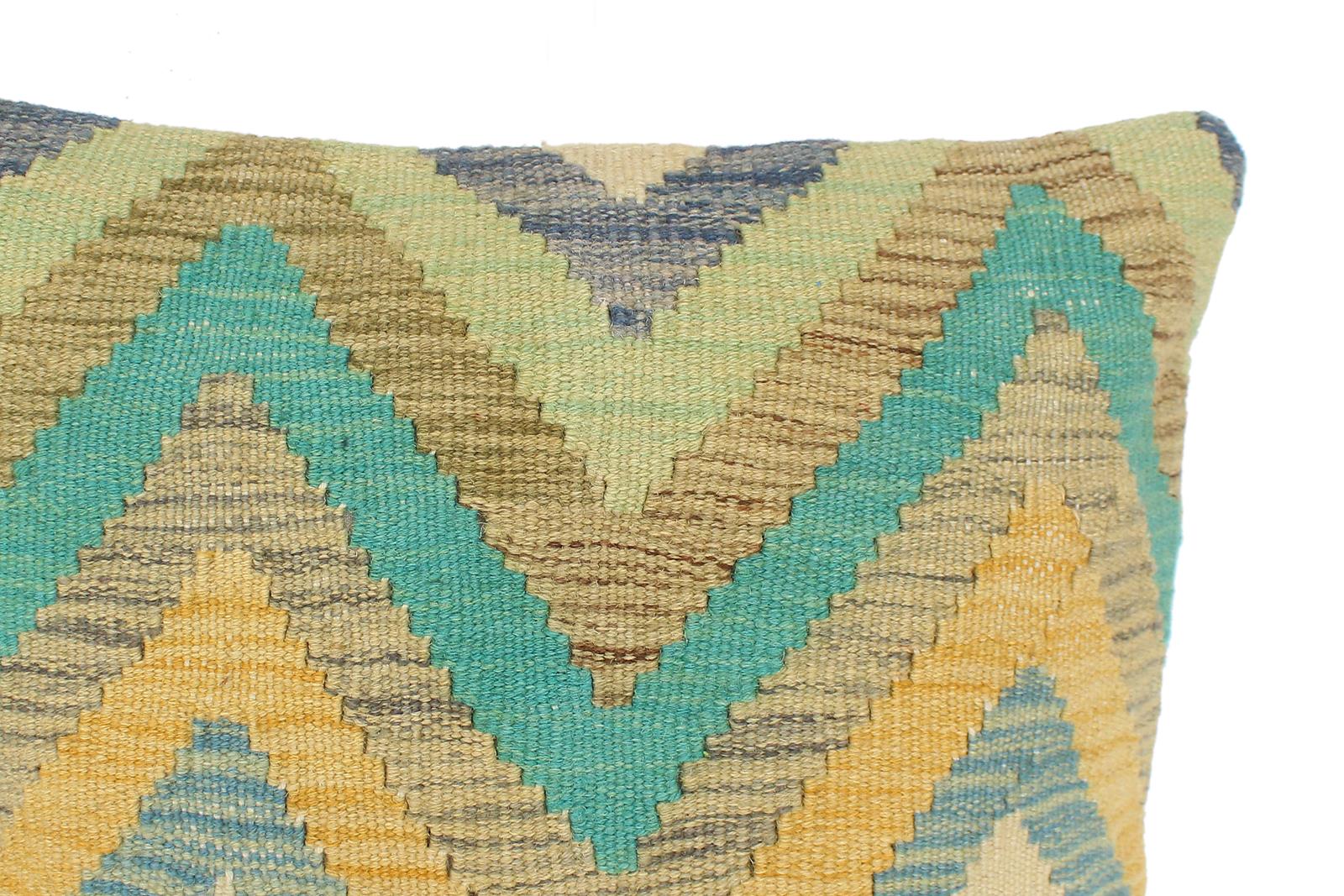 handmade Modern Pillow Blue Beige Hand-Woven SQUARE 100% WOOL  Hand woven turkish pillow  2 x 2