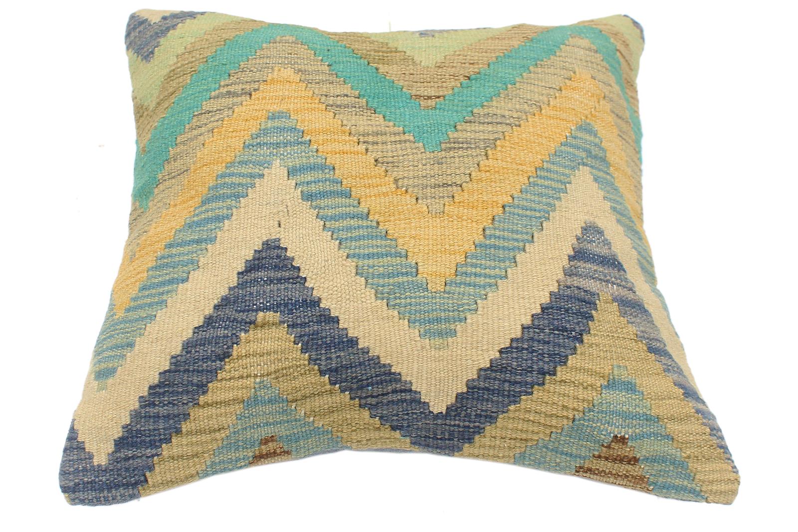 handmade Modern Pillow Blue Beige Hand-Woven SQUARE 100% WOOL  Hand woven turkish pillow  2 x 2