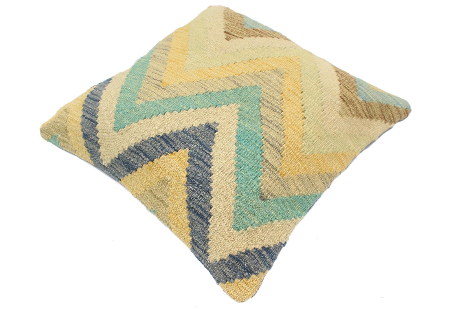 handmade Modern Pillow Blue Beige Hand-Woven SQUARE 100% WOOL  Hand woven turkish pillow  2 x 2