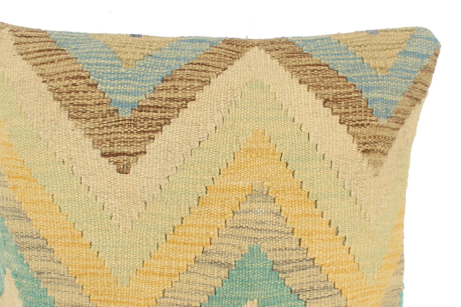 handmade Modern Pillow Blue Beige Hand-Woven SQUARE 100% WOOL  Hand woven turkish pillow  2 x 2