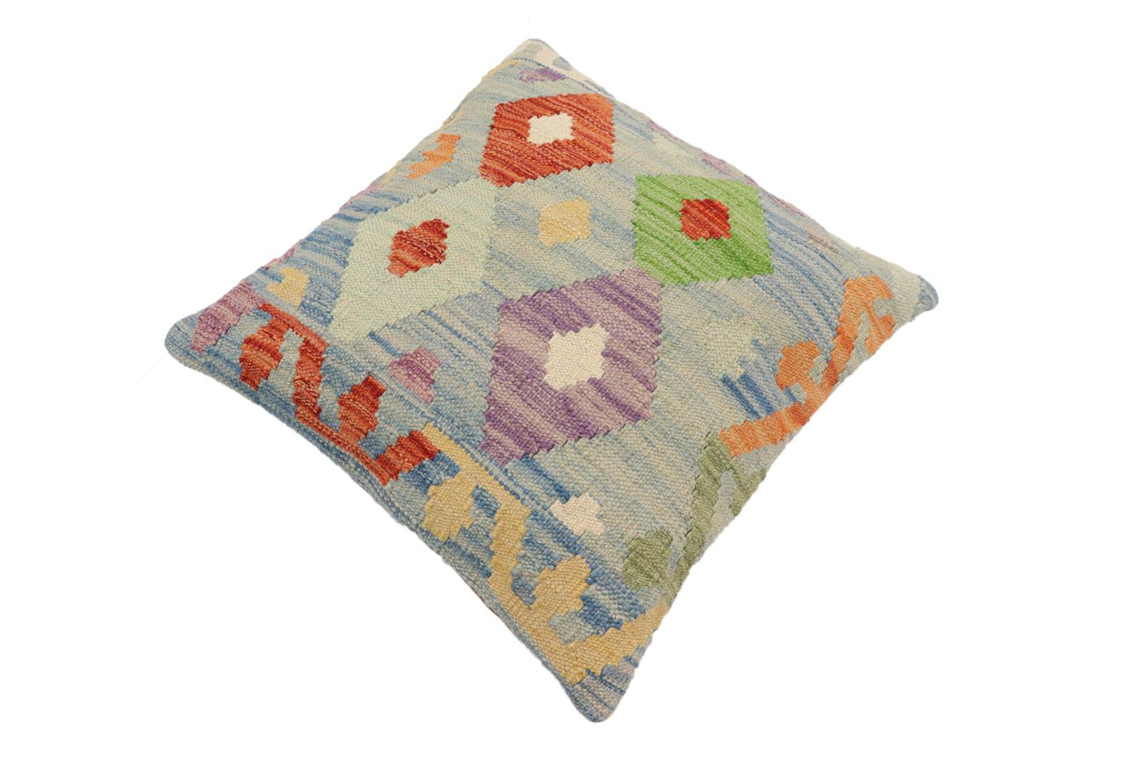 handmade Traditional Pillow Blue Rust Hand-Woven SQUARE 100% WOOL Hand woven turkish pillow2' x 2'