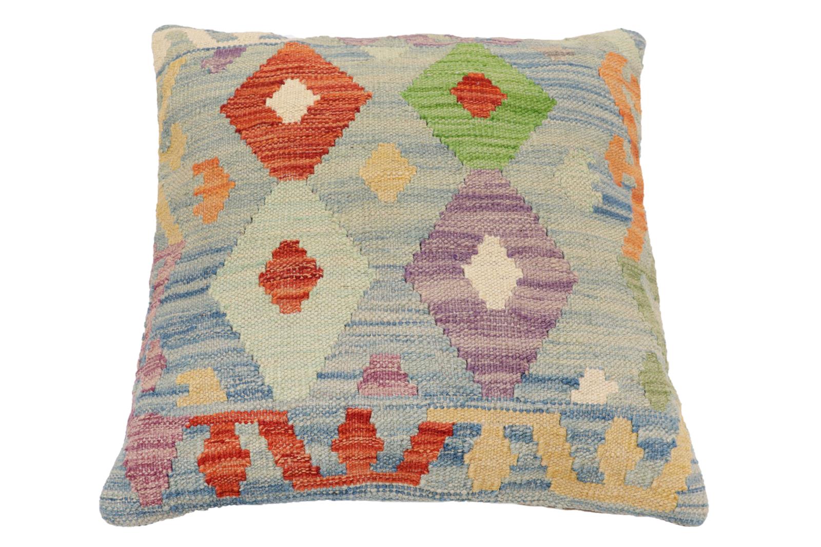 handmade Traditional Pillow Blue Rust Hand-Woven SQUARE 100% WOOL Hand woven turkish pillow2' x 2'