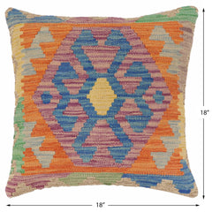 handmade Traditional Pillow Blue Orange Hand-Woven SQUARE 100% WOOL Hand woven turkish pillow2' x 2'