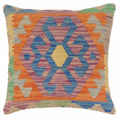handmade Traditional Pillow Blue Orange Hand-Woven SQUARE 100% WOOL Hand woven turkish pillow2' x 2'