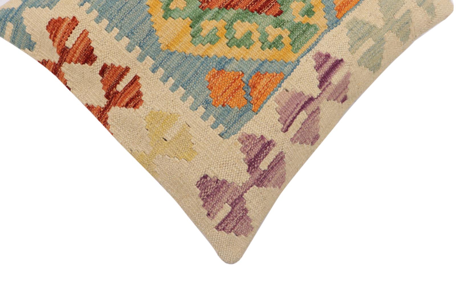 handmade Traditional Pillow Blue Rust Hand-Woven SQUARE 100% WOOL Hand woven turkish pillow2' x 2'