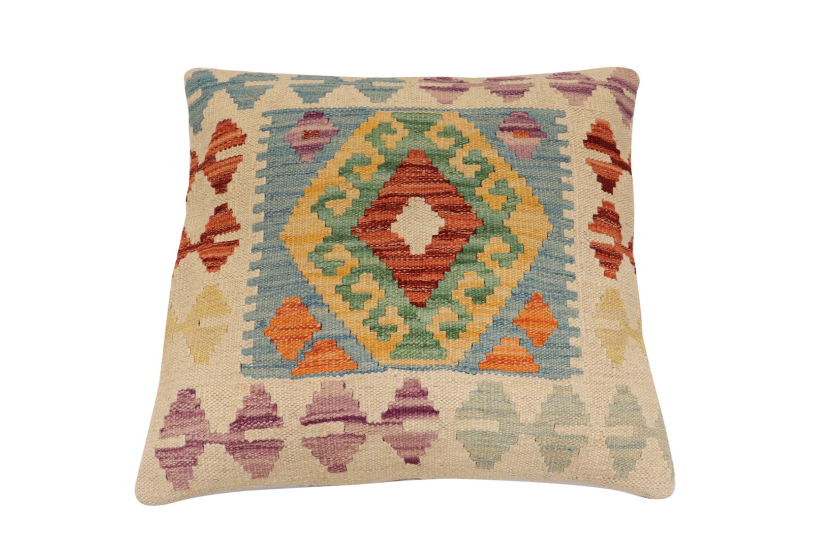 handmade Traditional Pillow Blue Rust Hand-Woven SQUARE 100% WOOL Hand woven turkish pillow2' x 2'