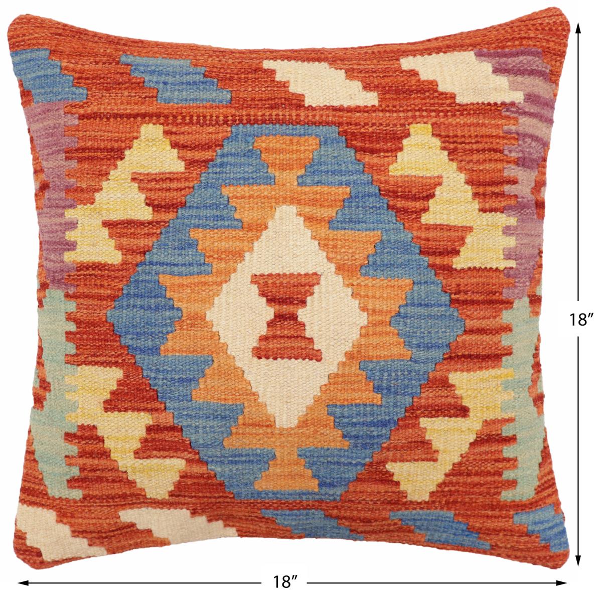 handmade Traditional Pillow Rust Blue Hand-Woven SQUARE 100% WOOL Hand woven turkish pillow2' x 2'