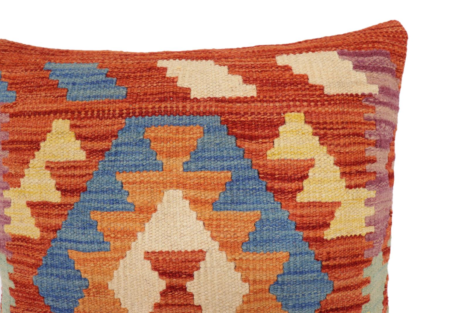 handmade Traditional Pillow Rust Blue Hand-Woven SQUARE 100% WOOL Hand woven turkish pillow2' x 2'