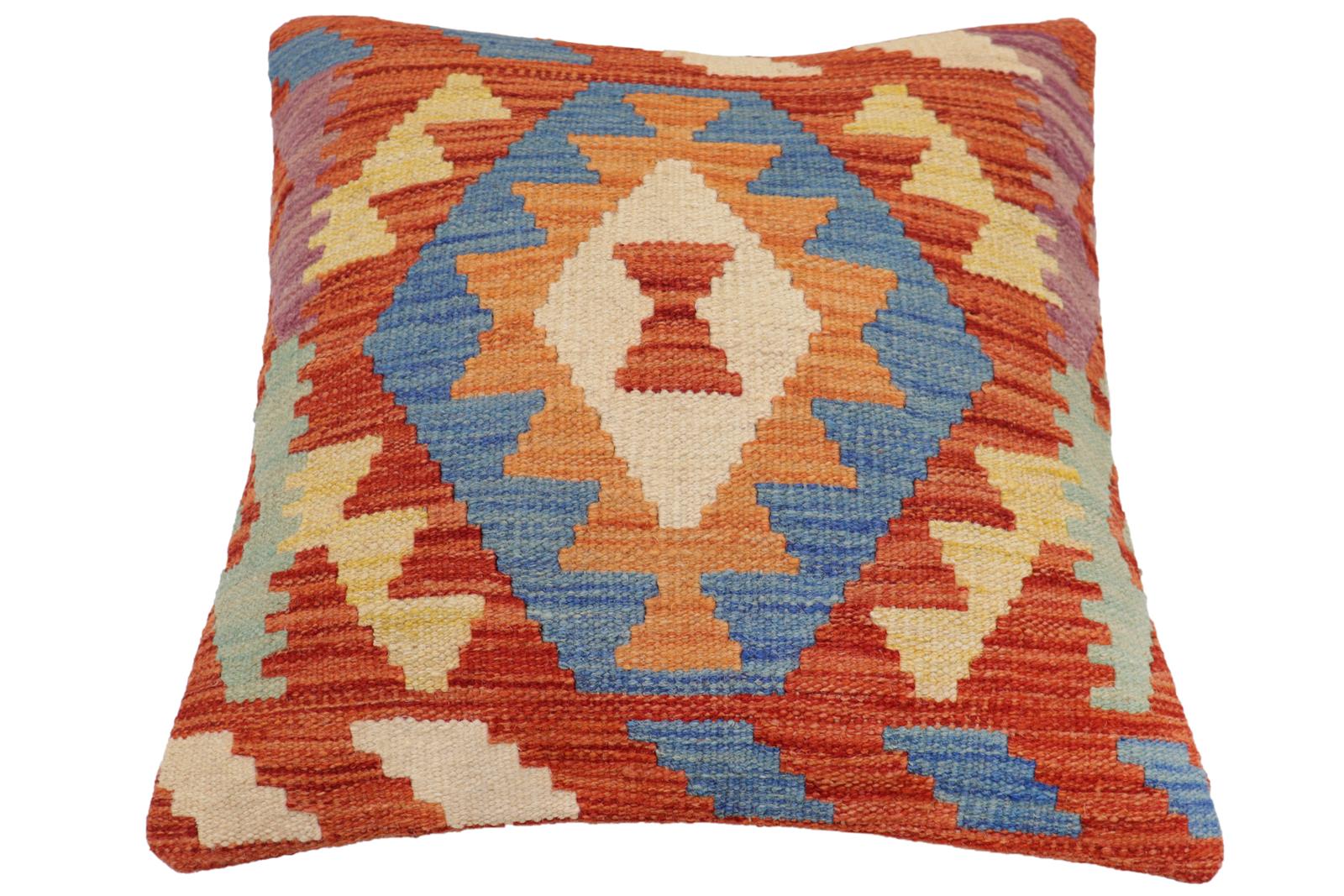 handmade Traditional Pillow Rust Blue Hand-Woven SQUARE 100% WOOL Hand woven turkish pillow2' x 2'
