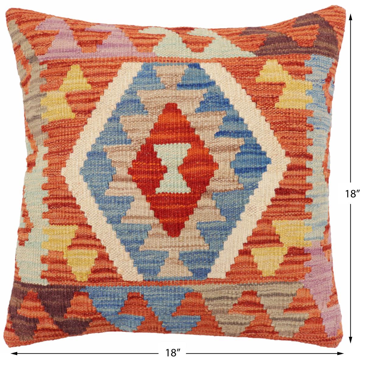 handmade Traditional Pillow Rust Blue Hand-Woven SQUARE 100% WOOL Hand woven turkish pillow2' x 2'