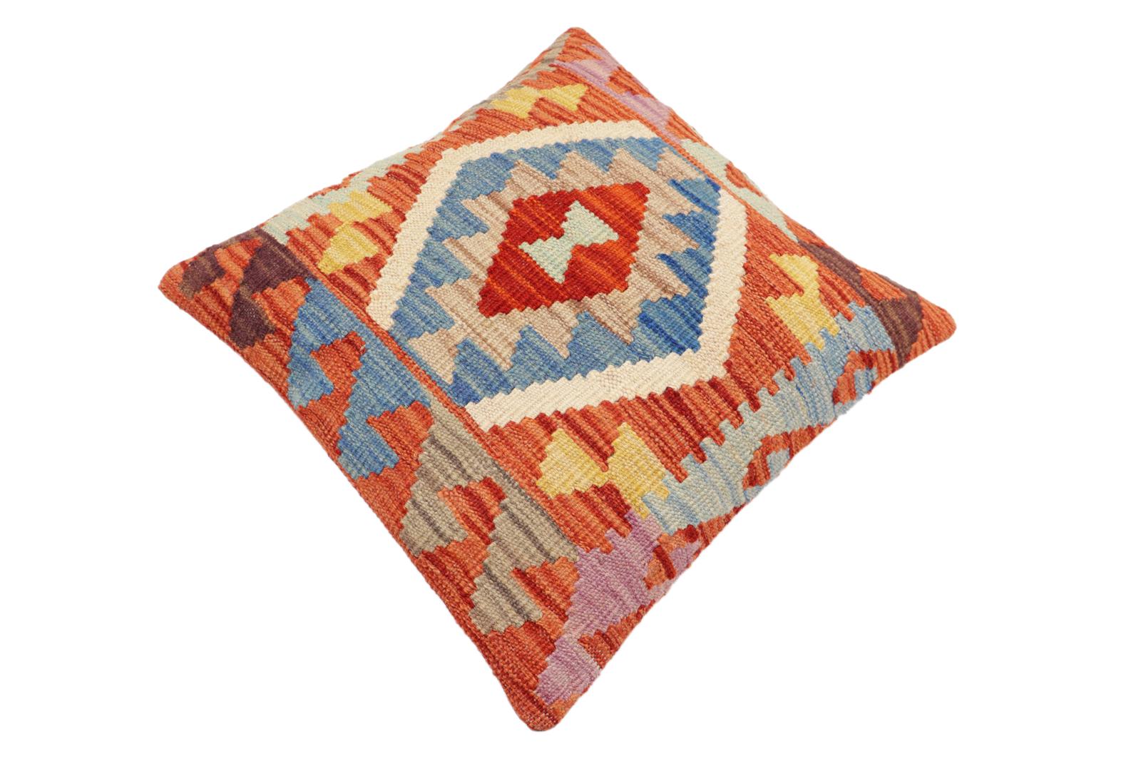 handmade Traditional Pillow Rust Blue Hand-Woven SQUARE 100% WOOL Hand woven turkish pillow2' x 2'