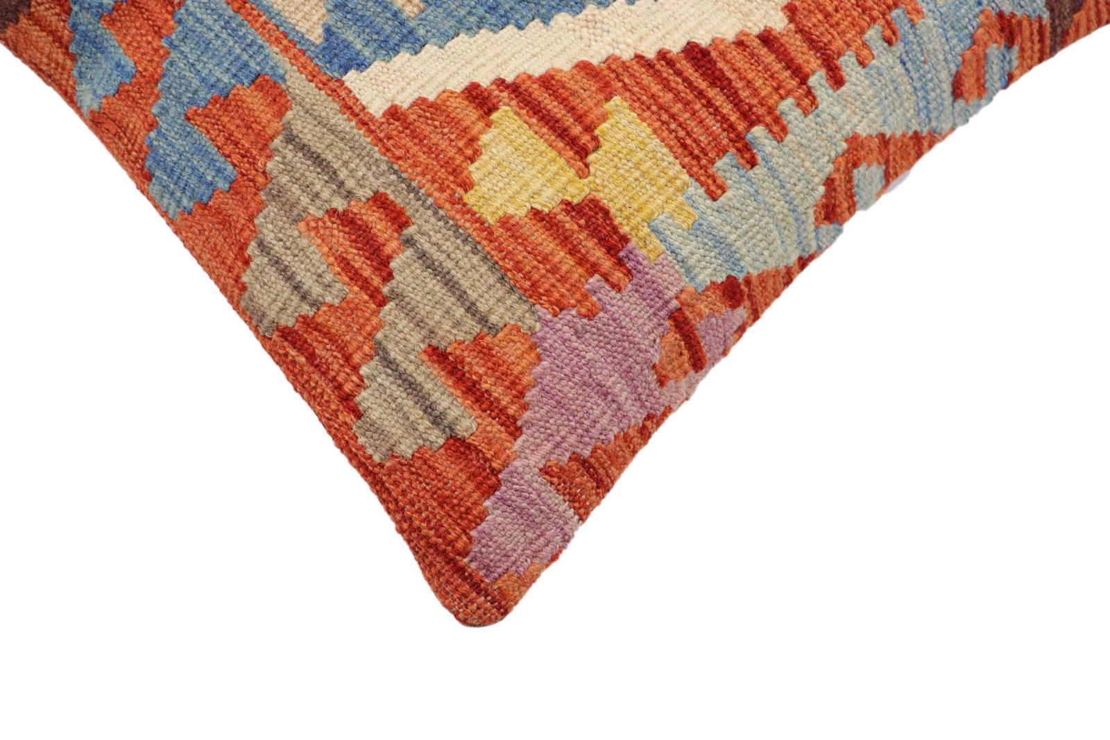 handmade Traditional Pillow Rust Blue Hand-Woven SQUARE 100% WOOL Hand woven turkish pillow2' x 2'