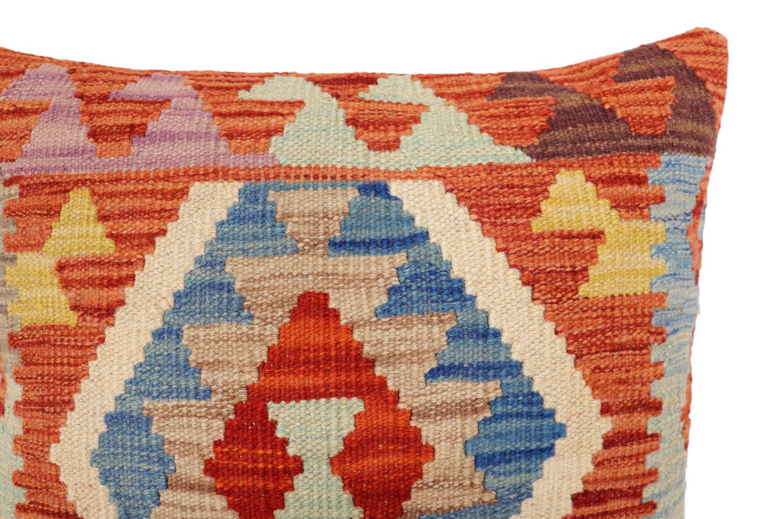 handmade Traditional Pillow Rust Blue Hand-Woven SQUARE 100% WOOL Hand woven turkish pillow2' x 2'