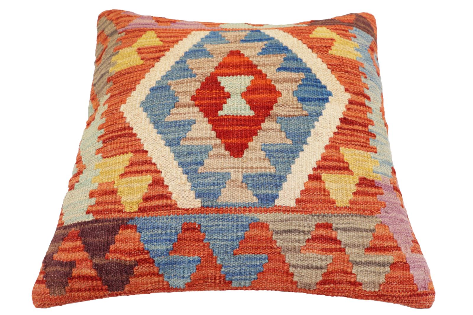 handmade Traditional Pillow Rust Blue Hand-Woven SQUARE 100% WOOL Hand woven turkish pillow2' x 2'