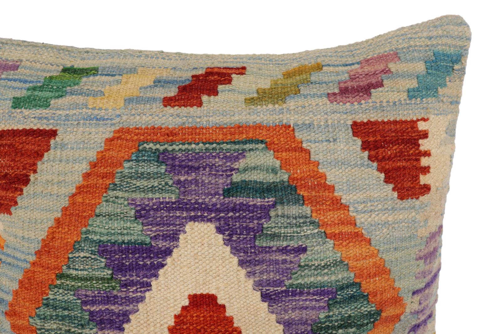 handmade Traditional Pillow Blue Rust Hand-Woven SQUARE 100% WOOL  Hand woven turkish pillow  2 x 2