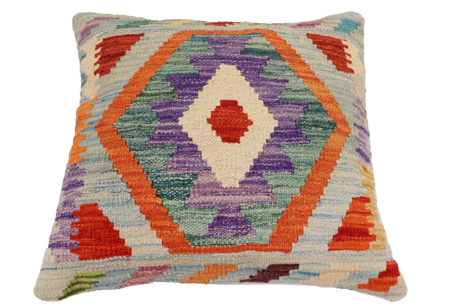 handmade Traditional Pillow Blue Rust Hand-Woven SQUARE 100% WOOL  Hand woven turkish pillow  2 x 2