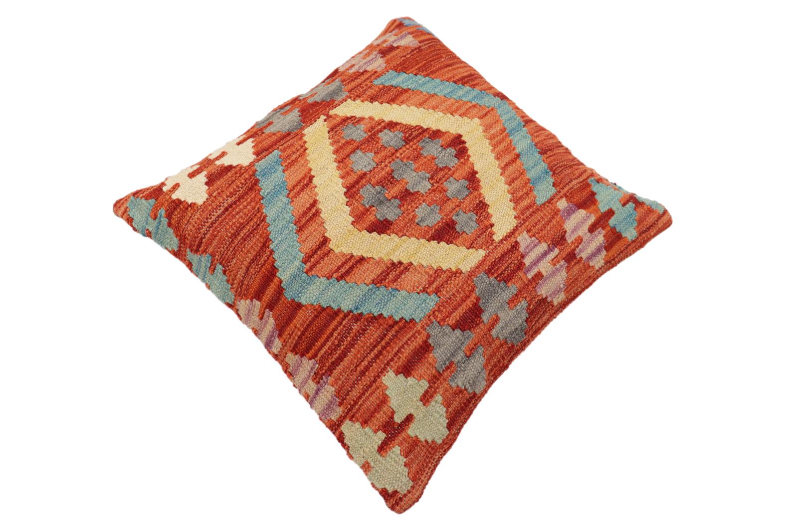 handmade Traditional Pillow Rust Blue Hand-Woven SQUARE 100% WOOL Hand woven turkish pillow2' x 2'
