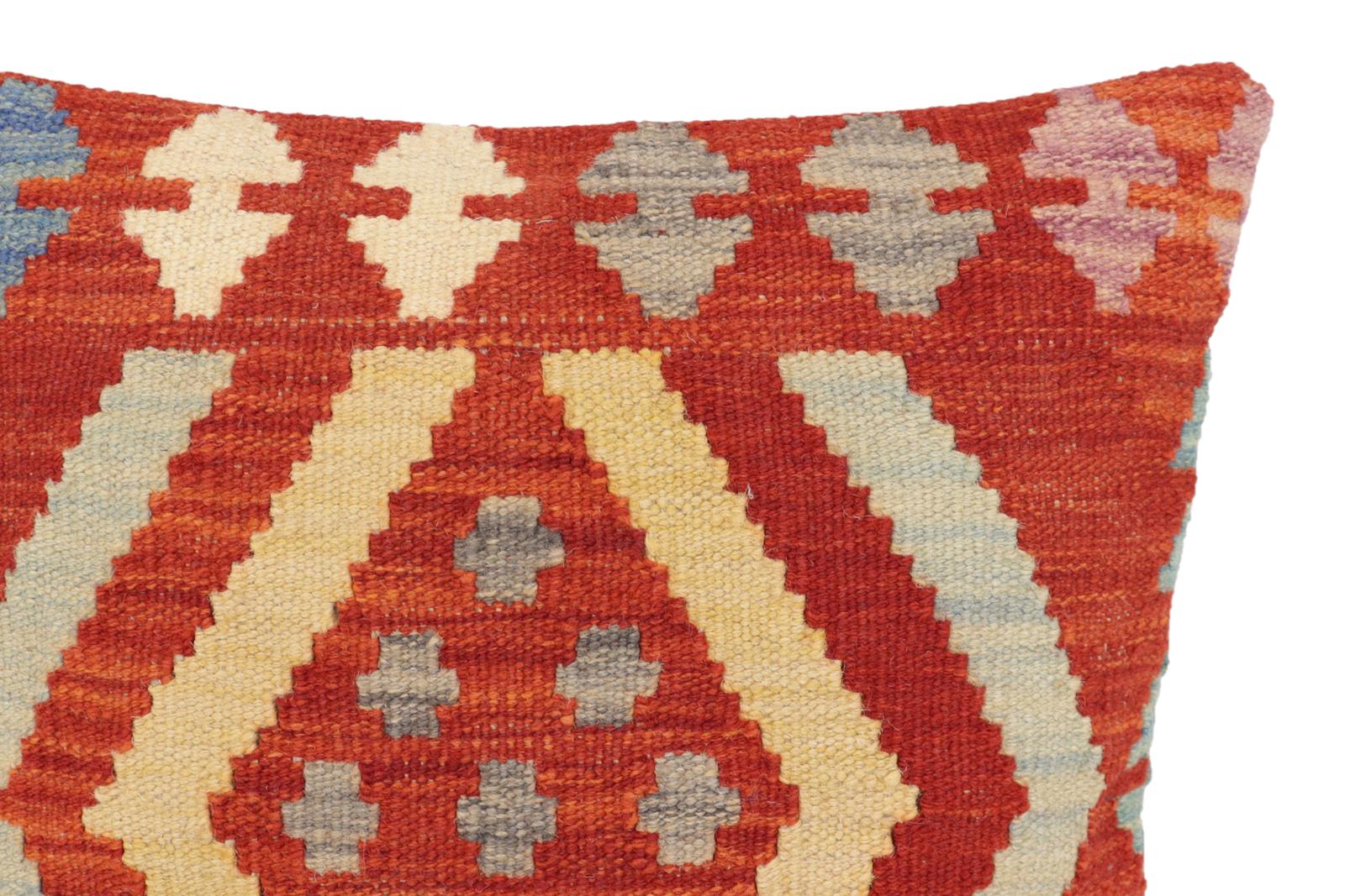 handmade Traditional Pillow Rust Blue Hand-Woven SQUARE 100% WOOL Hand woven turkish pillow2' x 2'