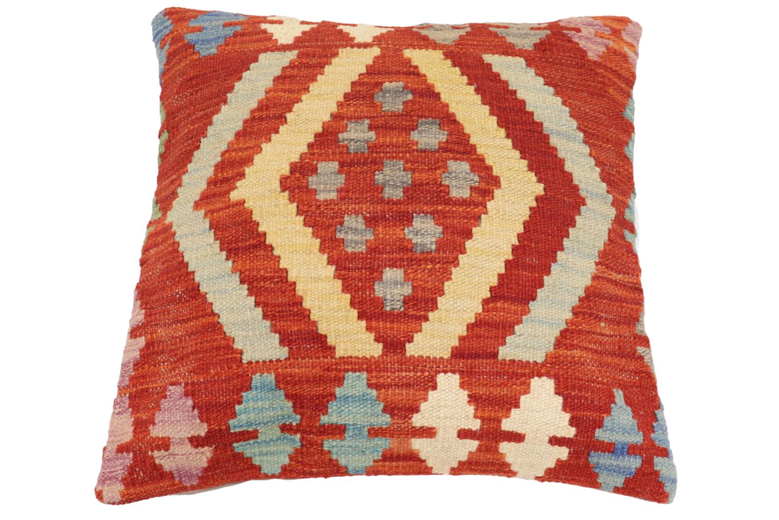 handmade Traditional Pillow Rust Blue Hand-Woven SQUARE 100% WOOL Hand woven turkish pillow2' x 2'