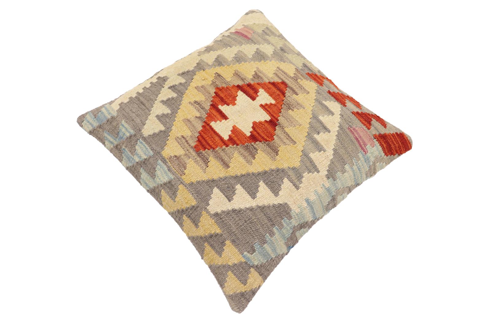 handmade Traditional Pillow Gray Rust Hand-Woven SQUARE 100% WOOL Hand woven turkish pillow2' x 2'