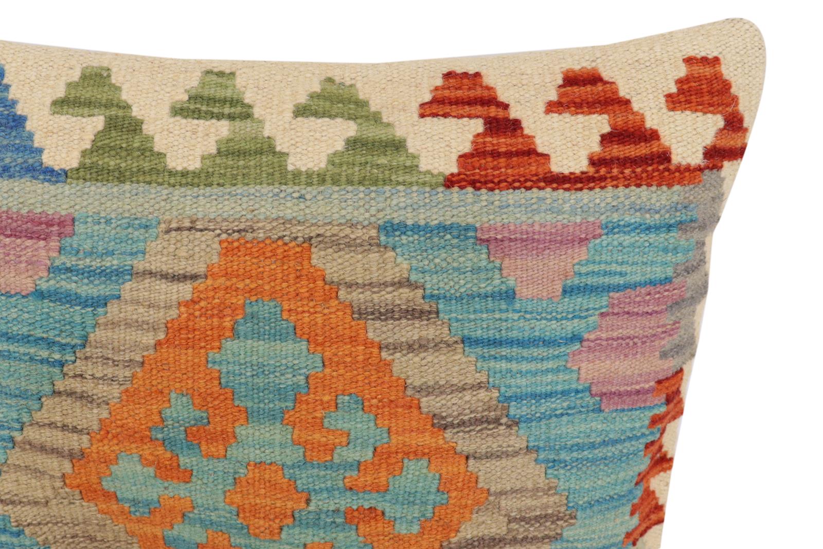 handmade Traditional Pillow Blue Rust Hand-Woven SQUARE 100% WOOL Hand woven turkish pillow2' x 2'