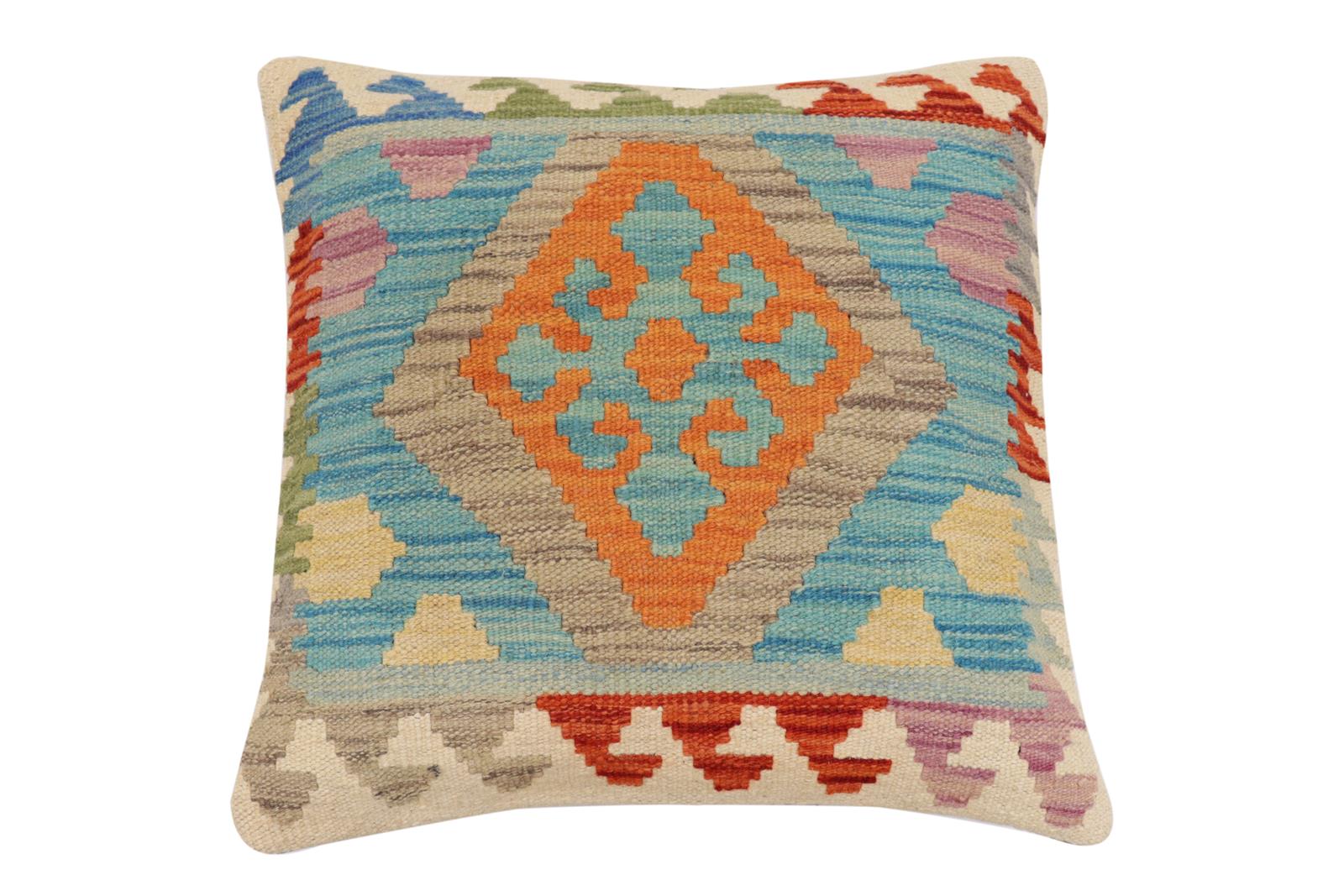 handmade Traditional Pillow Blue Rust Hand-Woven SQUARE 100% WOOL Hand woven turkish pillow2' x 2'