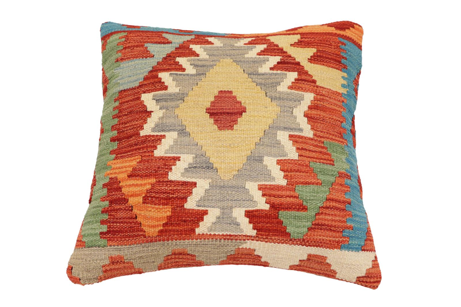 handmade Traditional Pillow Rust Blue Hand-Woven SQUARE 100% WOOL Hand woven turkish pillow2' x 2'