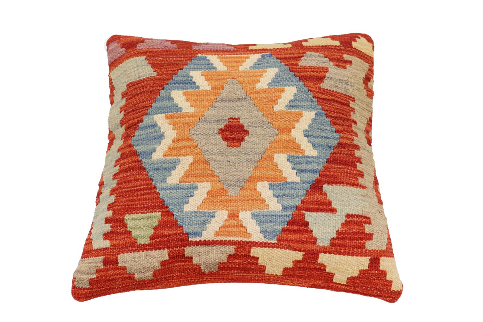 handmade Traditional Pillow Rust Blue Hand-Woven SQUARE 100% WOOL Hand woven turkish pillow2' x 2'