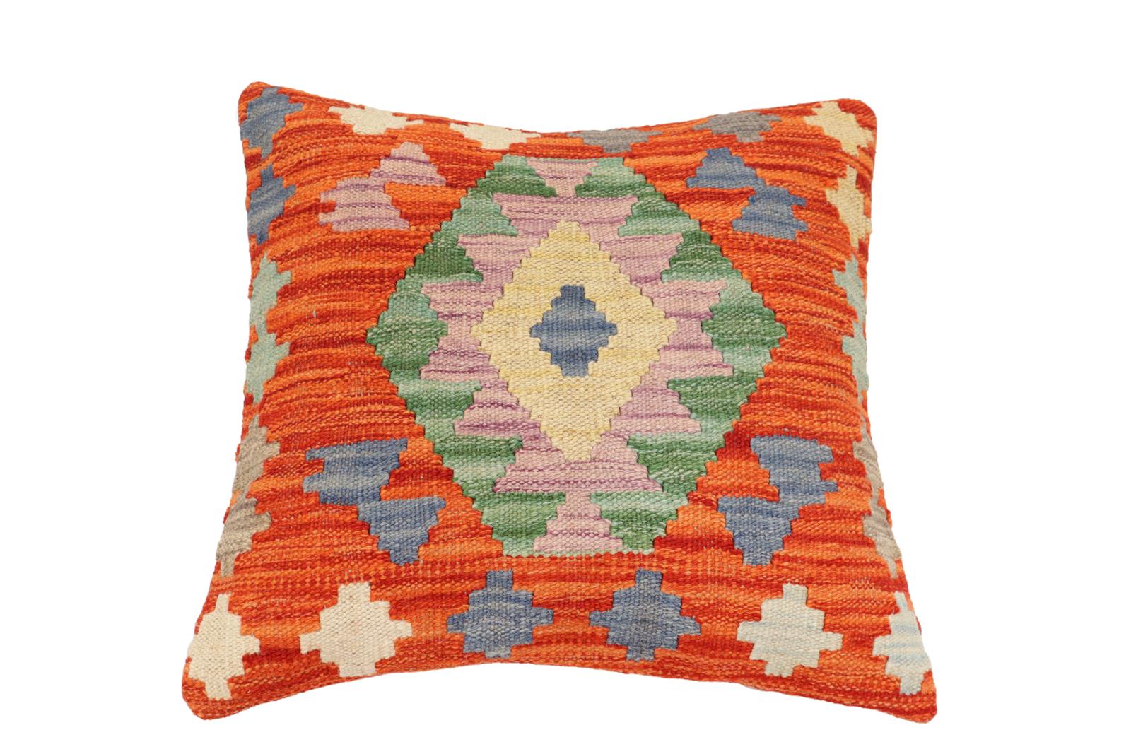 handmade Traditional Pillow Rust Blue Hand-Woven SQUARE 100% WOOL Hand woven turkish pillow2' x 2'