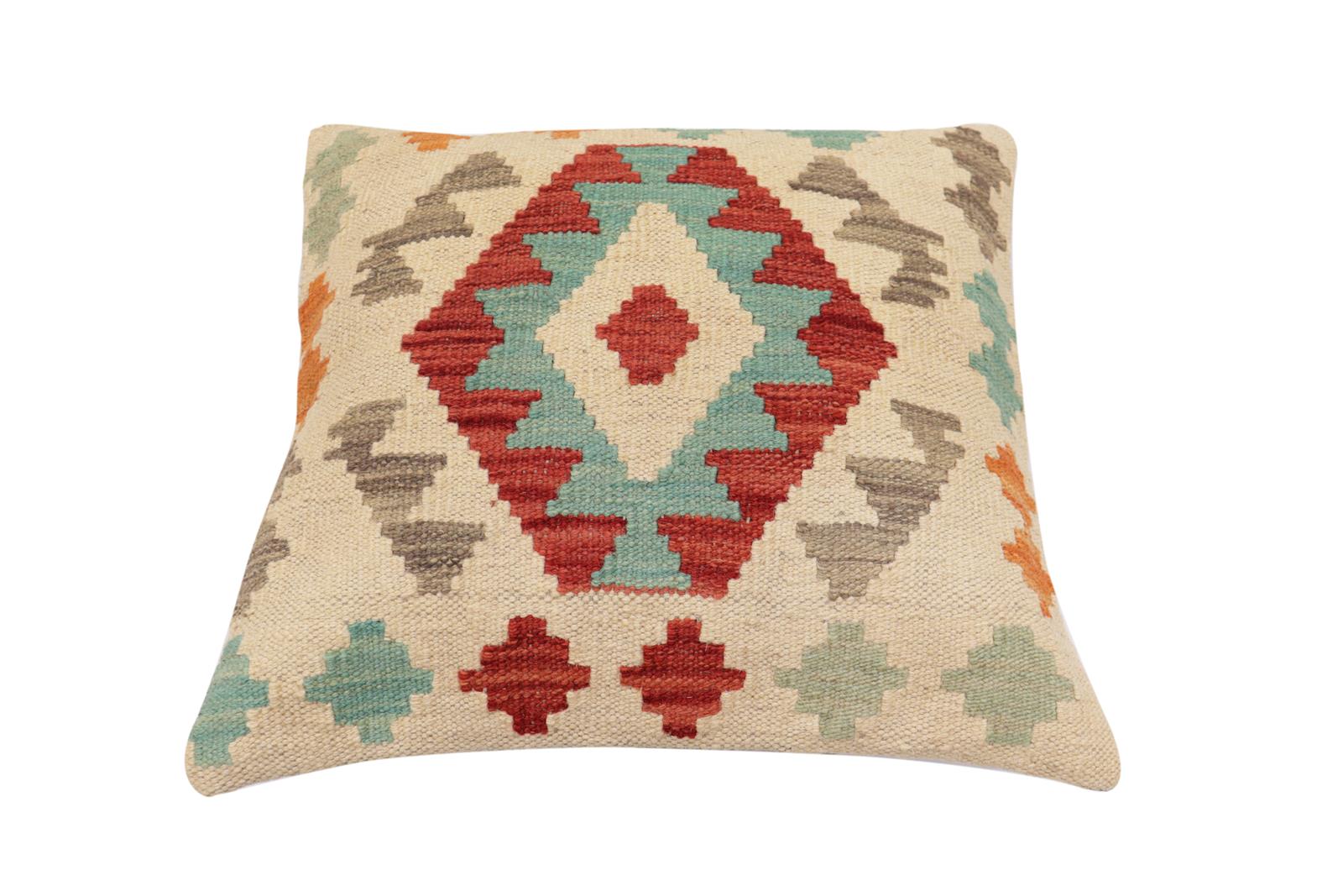 handmade Traditional Pillow Beige Red Hand-Woven SQUARE 100% WOOL  Hand woven turkish pillow  2 x 2