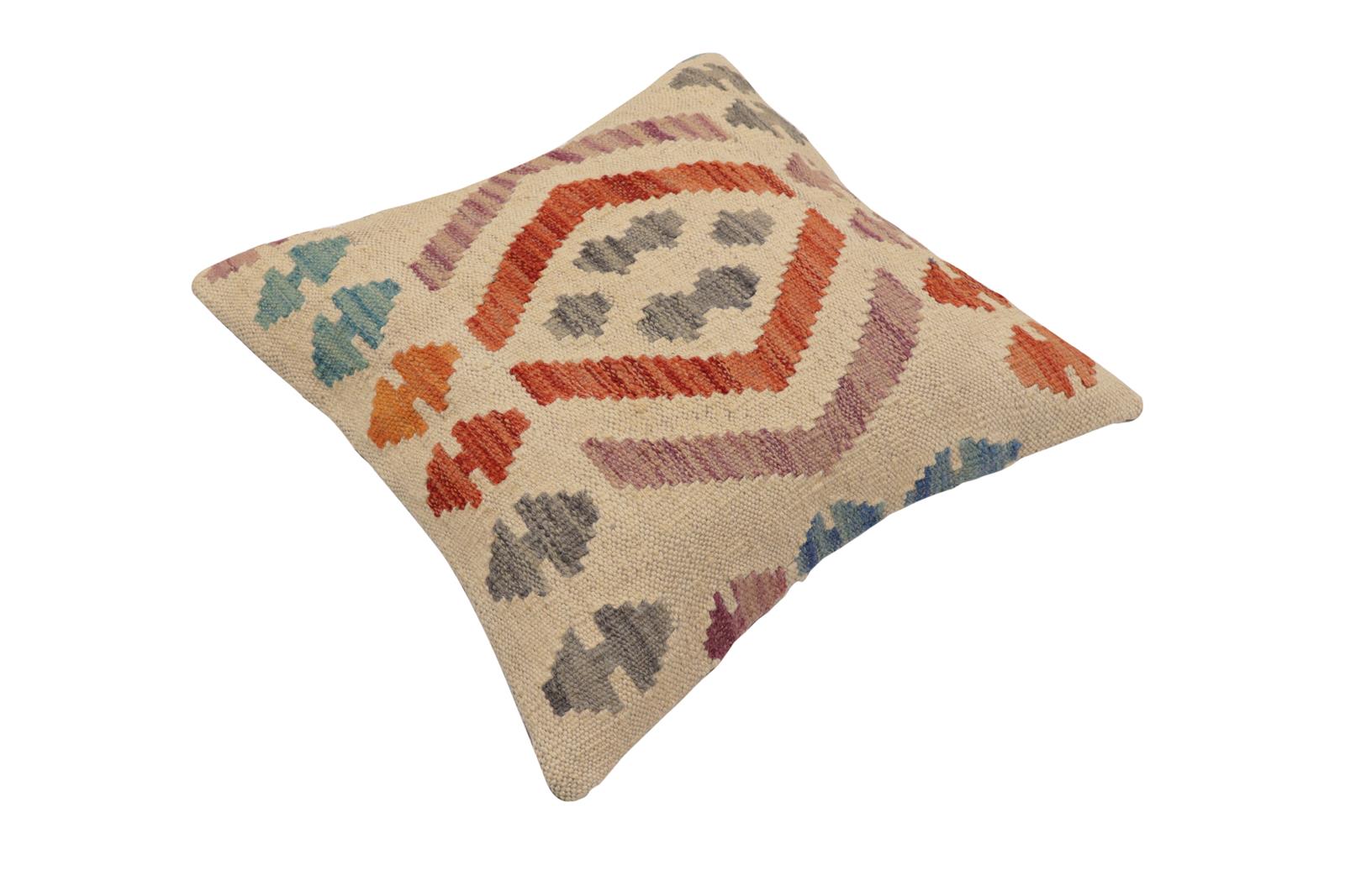 handmade Traditional Pillow Beige Rust Hand-Woven SQUARE 100% WOOL Hand woven turkish pillow2' x 2'