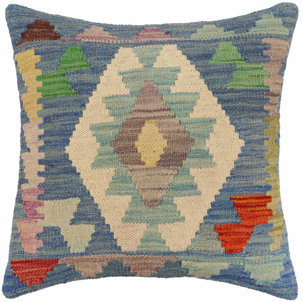 handmade Traditional Pillow Blue Rust Hand-Woven SQUARE 100% WOOL Hand woven turkish pillow2' x 2'