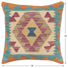 handmade Traditional Pillow Blue Orange Hand-Woven SQUARE 100% WOOL Hand woven turkish pillow2' x 2'